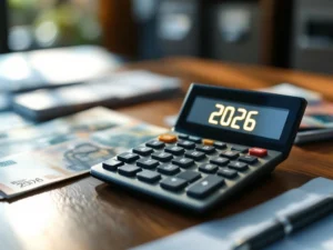 Rekenmachine toont "2026" op bureau met eurobiljetten en Nederlandse juridische documenten in financieel kantoor