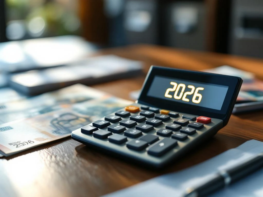 Rekenmachine toont "2026" op bureau met eurobiljetten en Nederlandse juridische documenten in financieel kantoor