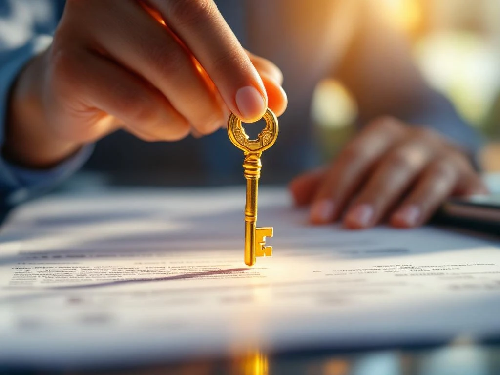 Handen laten gouden sleutel los boven juridisch document met stempels, symboliseert einde bewindvoering in kantooromgeving