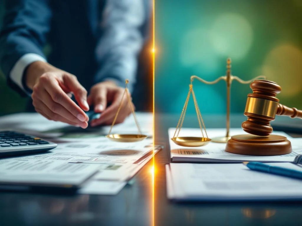 Gesplitst beeld toont bewindvoering documenten links en curatele rechterschaal rechts op professioneel bureau