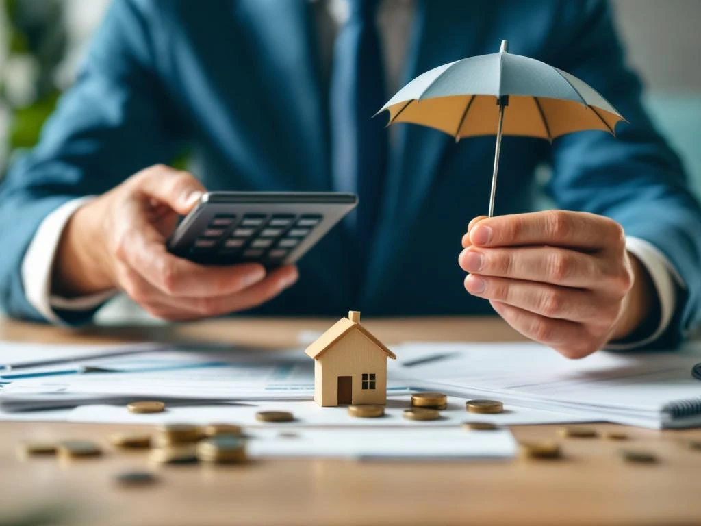 Twee handen tonen bewindvoering met rekenmachine en documenten versus mentorschap met beschermende paraplu boven huismodel