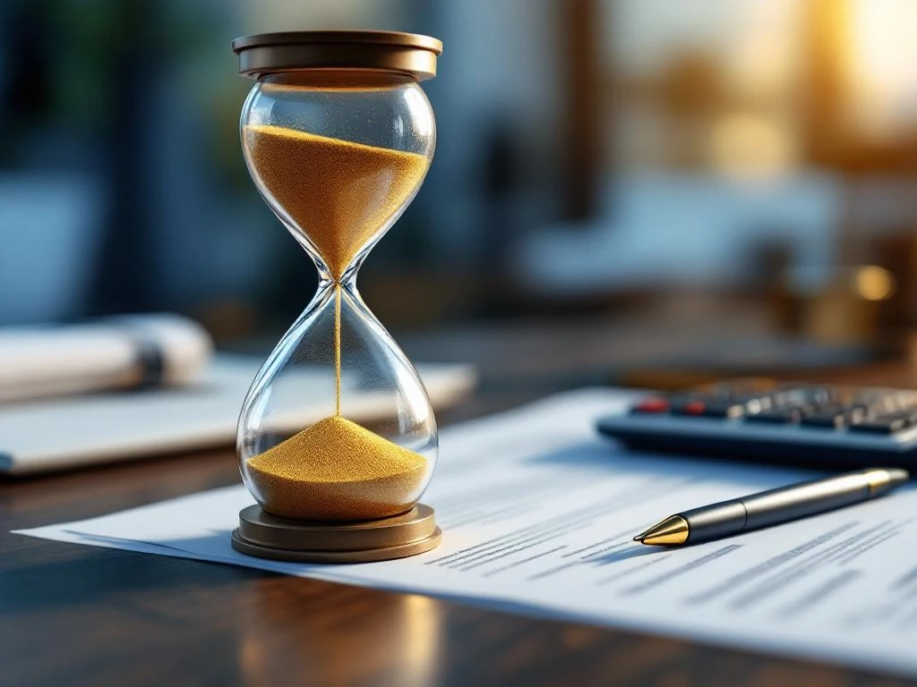 Zandloper met gouden zand op houten bureau naast Nederlandse juridische documenten en rekenmachine in modern kantoor