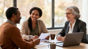 Drie volwassenen van verschillende achtergronden (een cliënt, een mentor/maatschappelijk werker en een bewindvoerder/curator) zitten rond een tafel in een warm, licht kantoor/ buurtcentrum, bekijken documenten naast een open laptop en koffiekopjes; hun lichaamstaal is ondersteunend en hoopvol. Budget Solutions