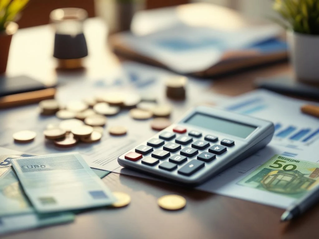 Moderne calculator met Nederlandse eurobiljetten en munten op houten bureau met financiële documenten en grafieken