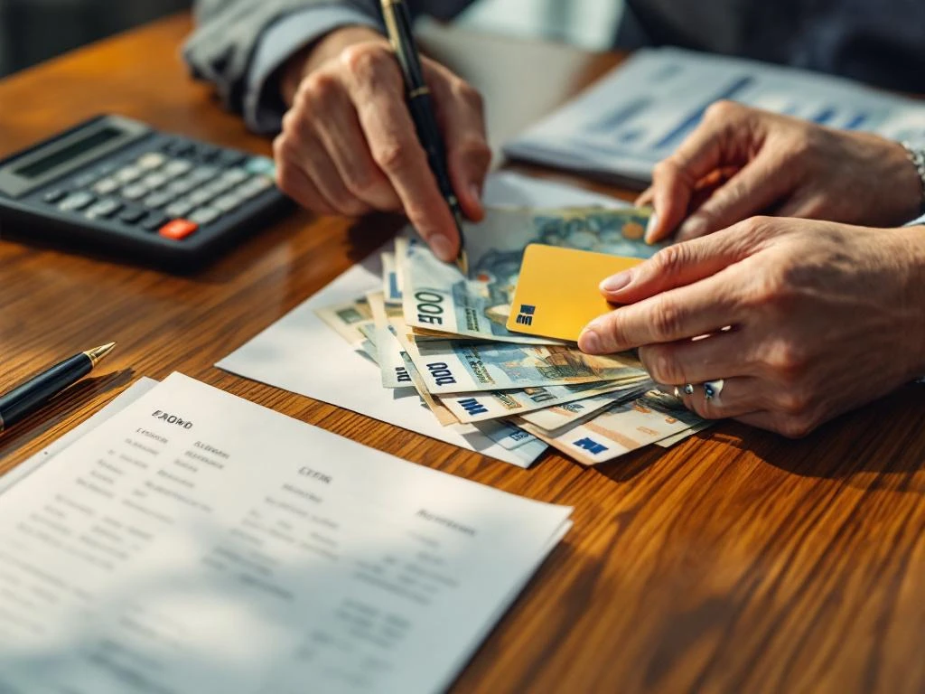 Handen organiseren Nederlandse eurobiljetten en bankpassen op houten bureau met bankafschrift, rekenmachine en pen