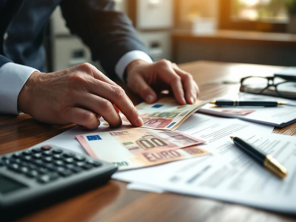 Handen organiseren Nederlandse eurobiljetten en documenten op houten bureau met calculator en pen voor financiële diensten