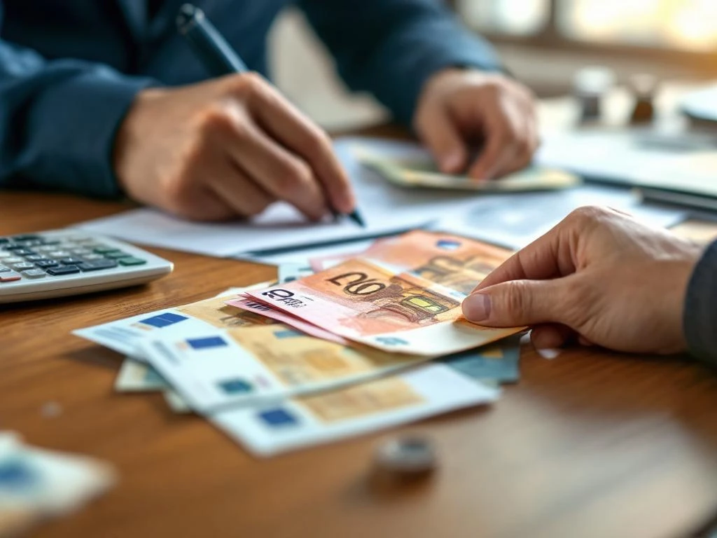 Handen organiseren Nederlandse eurobiljetten en officiële documenten op houten bureau met rekenmachine en pen