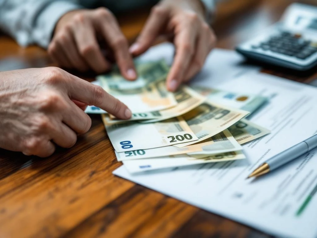 Handen tellen euro bankbiljetten op houten bureau met juridische documenten, rekenmachine en pen voor financieel beheer