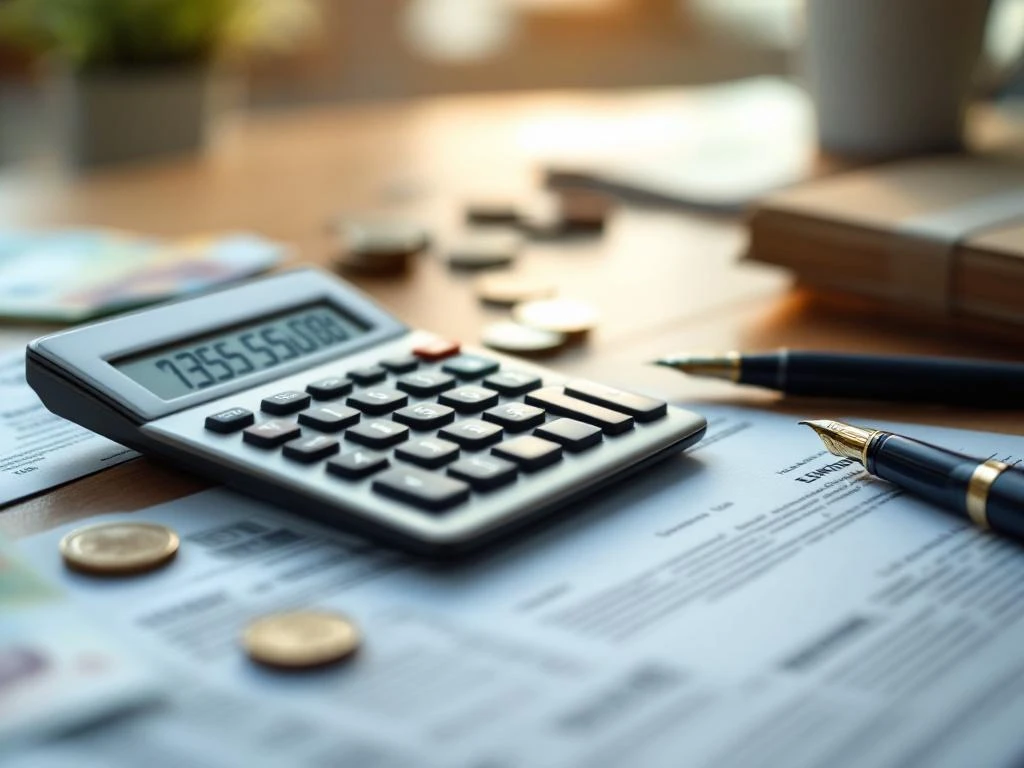 Rekenmachine op bureau met euro bankbiljetten, munten en Nederlandse juridische documenten met stempels