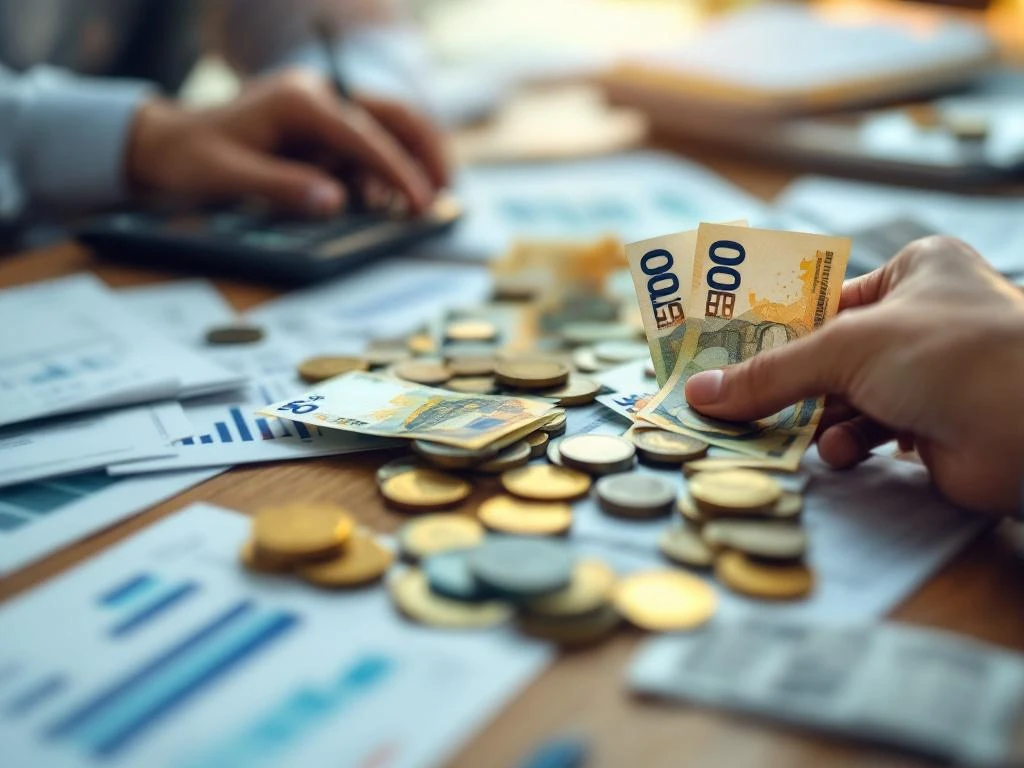 Handen tellen eurobiljetten en munten op houten bureau met rekenmachine en bonnetjes voor budgetbeheer