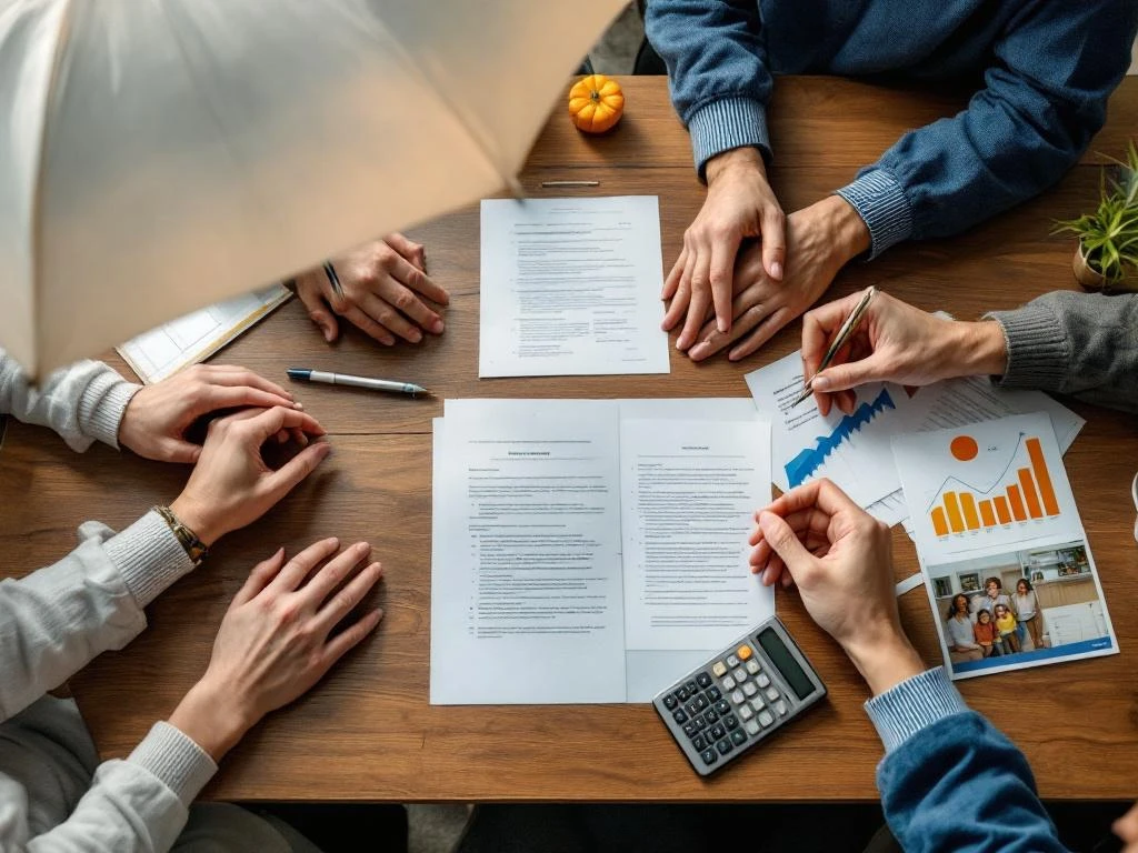 Familie handen rond financiële documenten en calculator op houten tafel met beschermende paraplu erboven