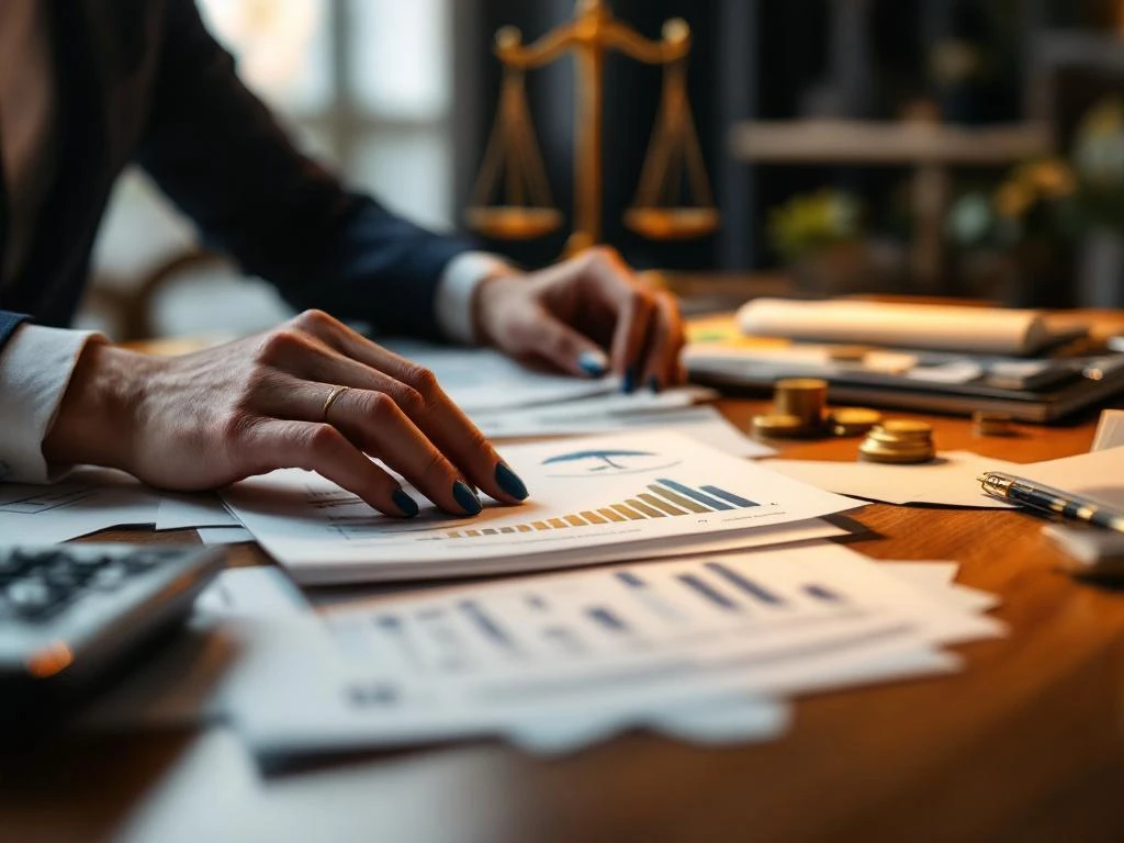 Handen in zakelijke kleding organiseren financiële documenten en rekenmachine op houten bureau met professionele verlichting