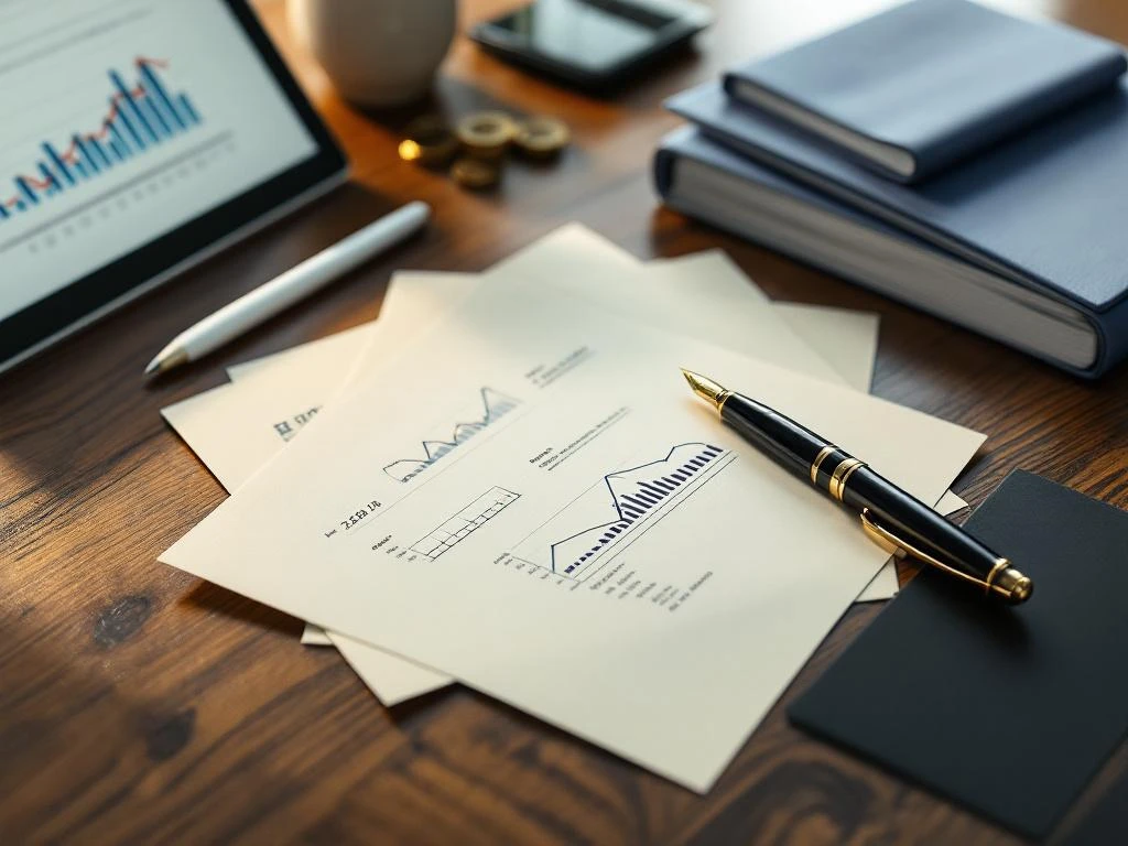 Houten bureau met financiële documenten, rekenmachine, tablet met grafieken en vulpen voor financieel advies