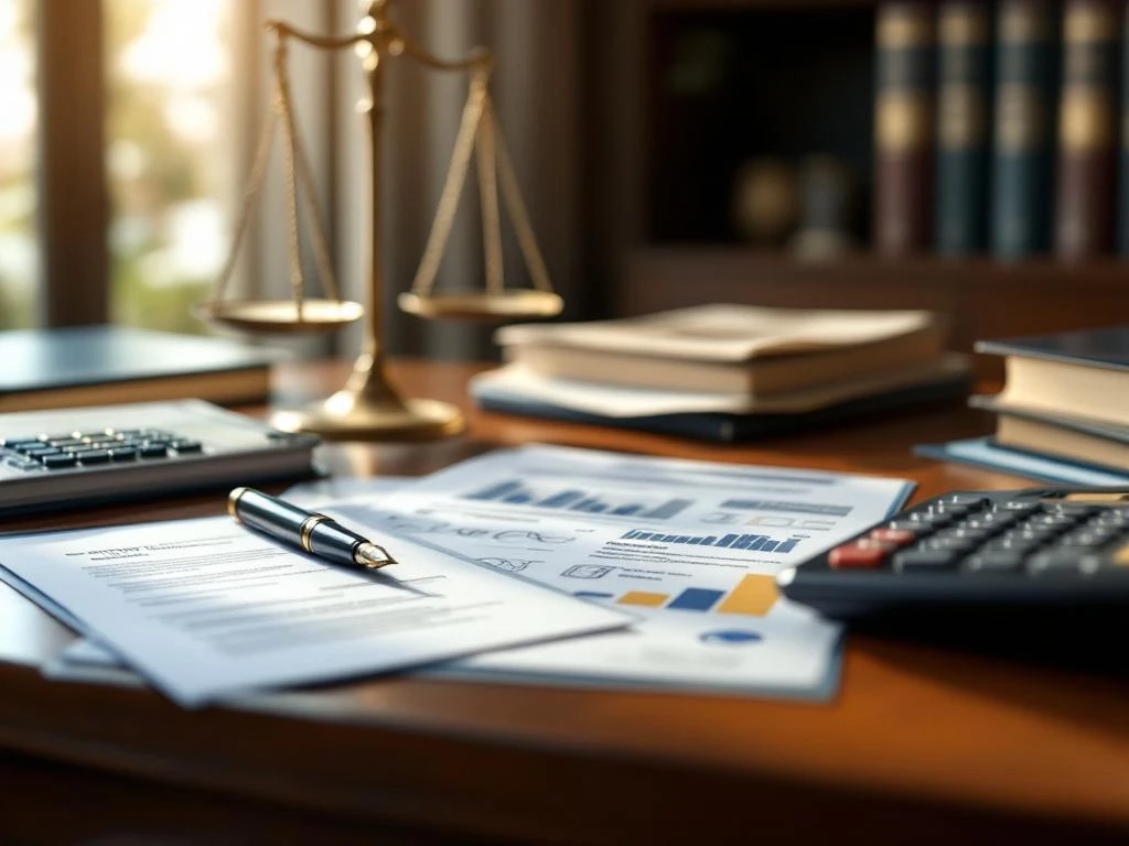 Professioneel houten bureau met financiële documenten, rekenmachine, vulpen en weegschaal in warm verlicht kantoor