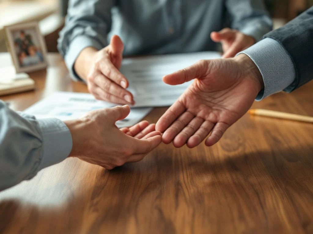 Twee handen reiken naar elkaar over houten tafel, één met documenten, andere verwelkomend, familiefoto's op achtergrond