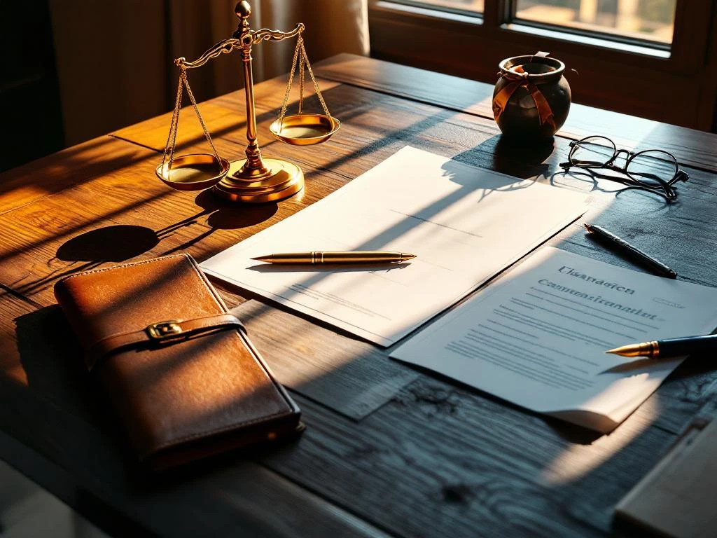 Professioneel houten bureau met financiële documenten, vulpen, weegschaal en calculator in warm natuurlijk licht
