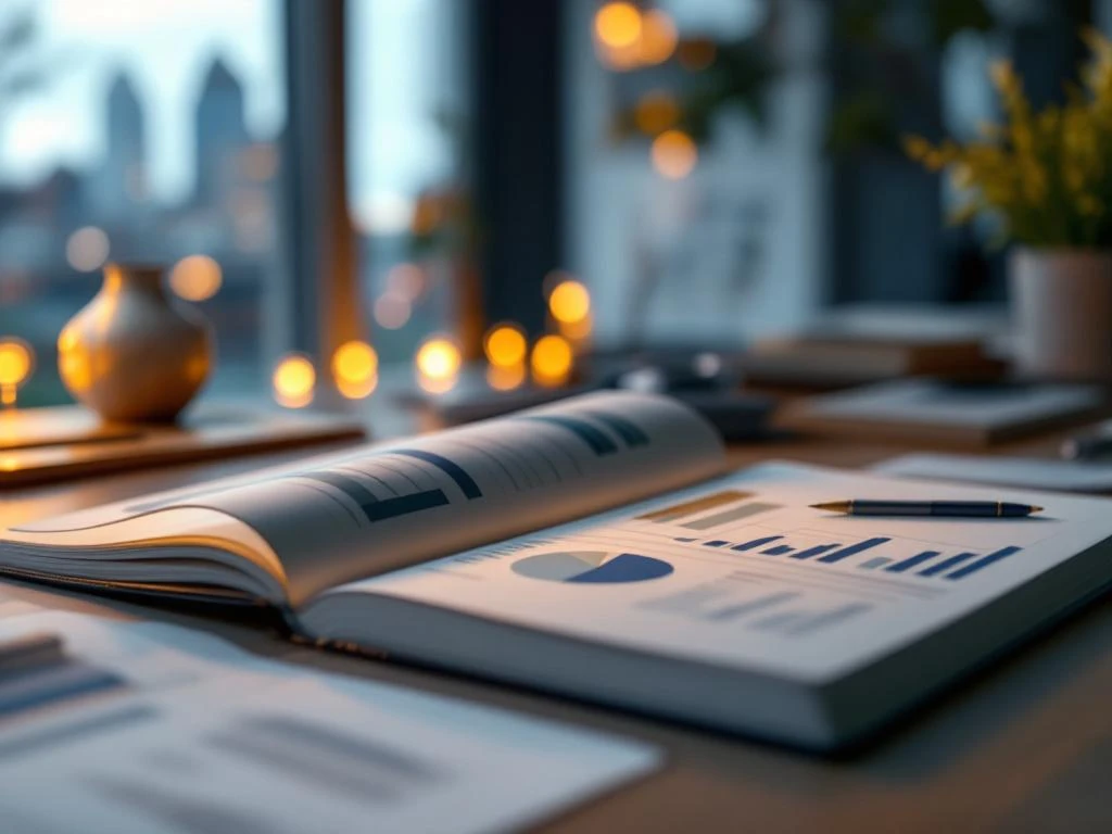 Modern kantoorbureau met financiële grafieken in notitieboek, paraplu-symbool en Rotterdam skyline op achtergrond