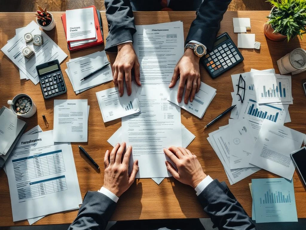 Handen in zakelijke kleding organiseren financiële documenten en rekeningen op houten bureau met calculator en pen