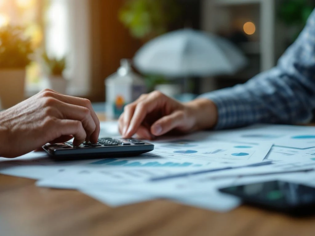 Handen organiseren financiële documenten en rekenmachine op houten bureau met paraplu op achtergrond
