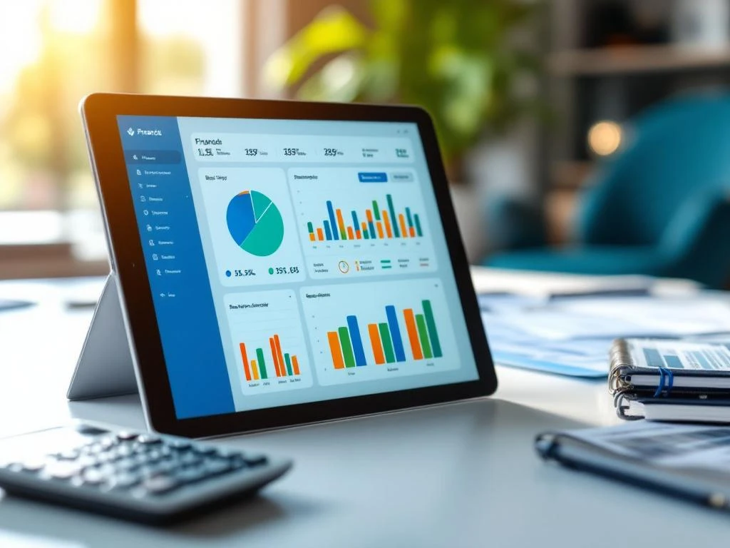 Tablet met financieel dashboard en kleurrijke grafieken op bureau met rekenmachine en documenten in modern kantoor