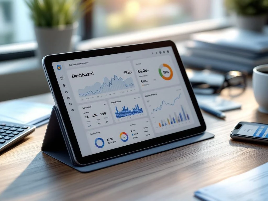 Tablet met financieel dashboard op houten bureau met rekenmachine, documenten en smartphone voor budgetbeheer