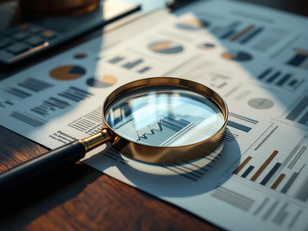 Vergrootglas over financiële documenten met grafieken en officiële zegels op houten bureau voor onderzoek