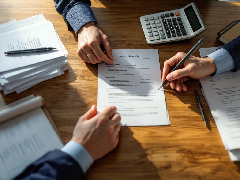 Handen organiseren financiële documenten en rekenmachine op houten bureau voor gestructureerd financieel beheer