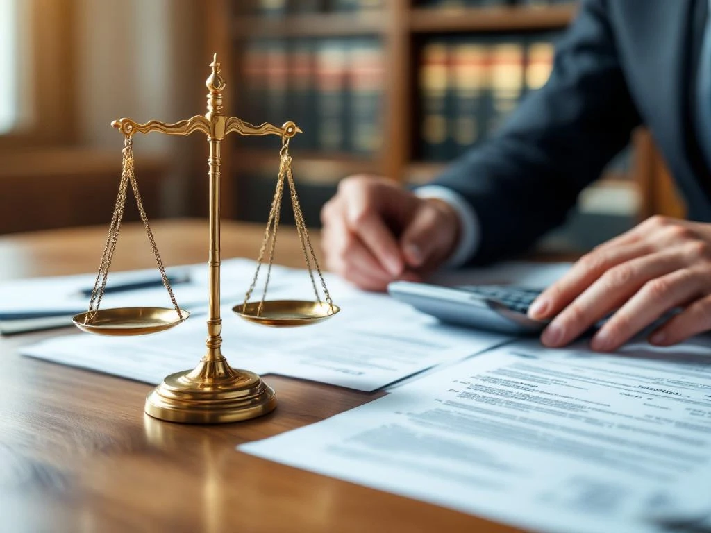 Handen organiseren financiële documenten en rekenmachine op houten bureau met gouden weegschaal en juridische papieren