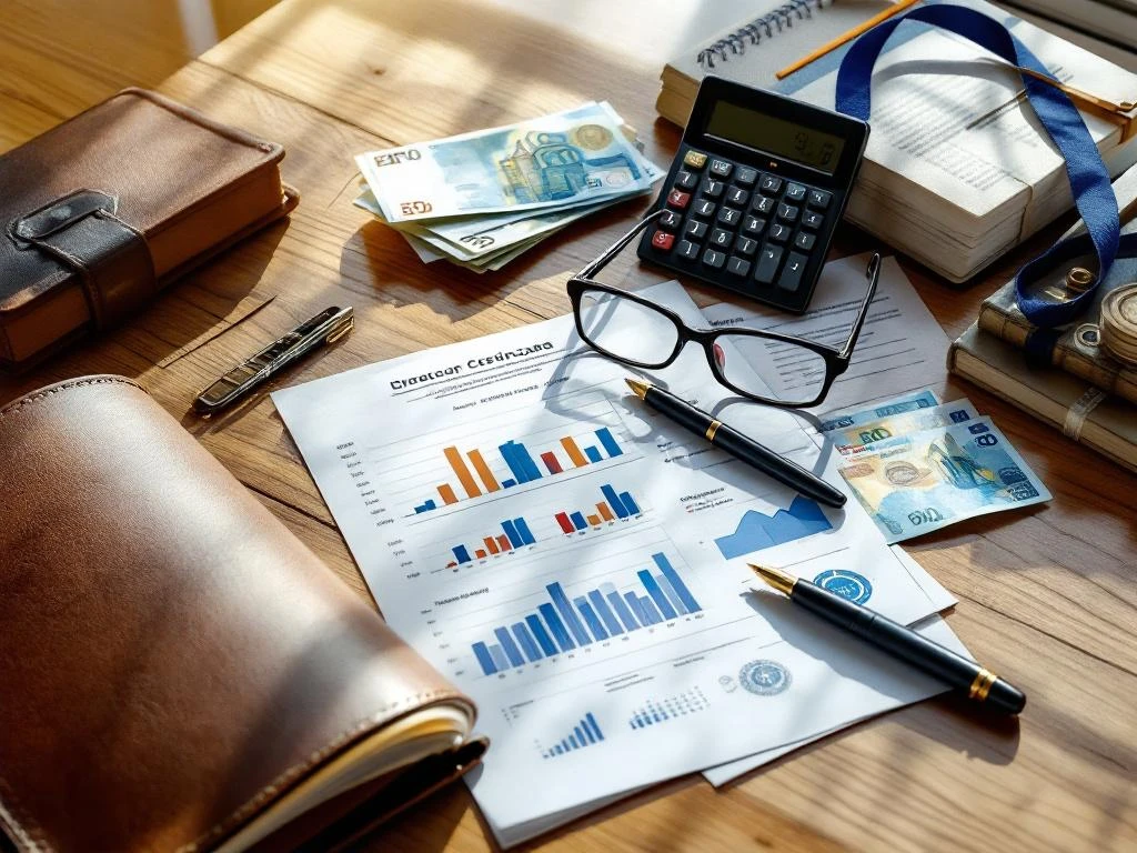 Houten bureau met open leren grootboek, financiële grafieken, eurobankbiljetten, calculator en overheidsdocumenten