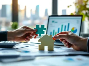 Handen die puzzelstukjes in huisvorm leggen op modern bureau met financiële documenten en laptop met grafieken