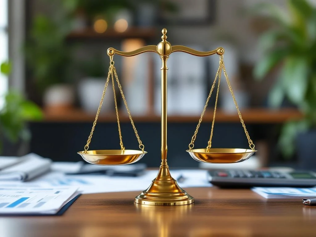 Gouden weegschaal op houten bureau met financiële documenten en calculator in professionele kantooromgeving