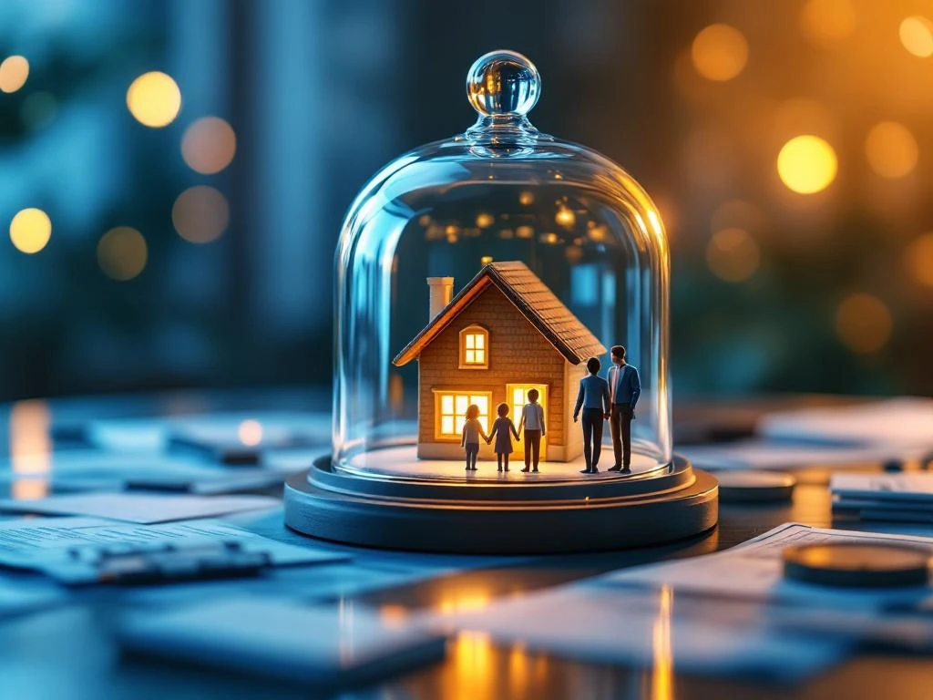 Glazen koepel beschermt miniatuurhuis en gezinsfiguren, omringd door financiële documenten, symboliseert verzekeringsbescherming