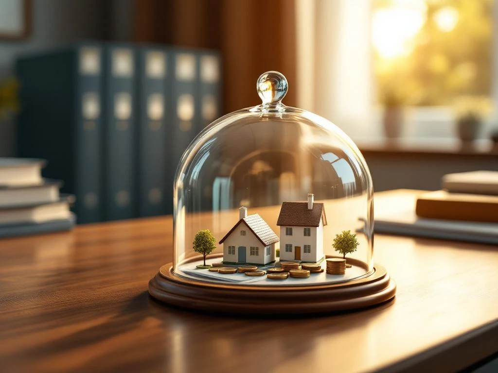 Glazen koepel beschermt miniatuurhuizen, financiële documenten en munten op bureau met warme professionele verlichting