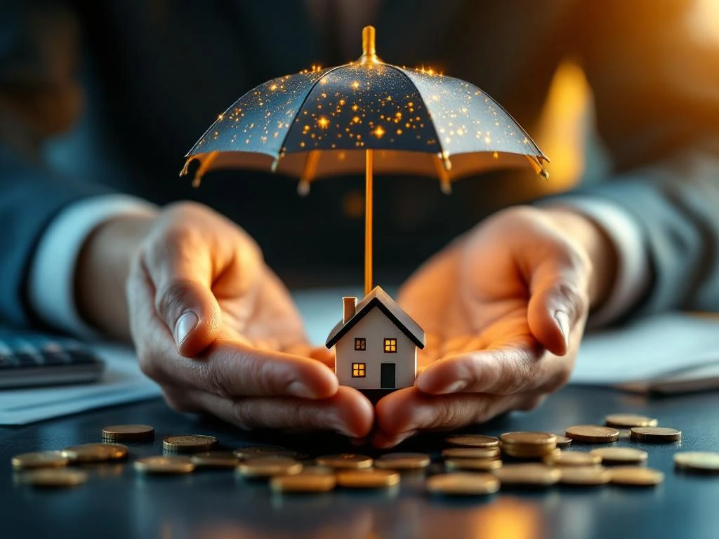 Handen houden paraplu boven miniatuurhuizen en munten, symboliseert financiële bescherming en hypotheekadvies