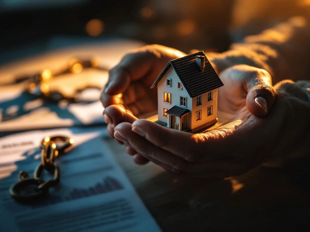 Beschermende handen rond miniatuurhuis met gouden licht, financiële documenten op achtergrond, gebroken ketting symboliseert vrijheid