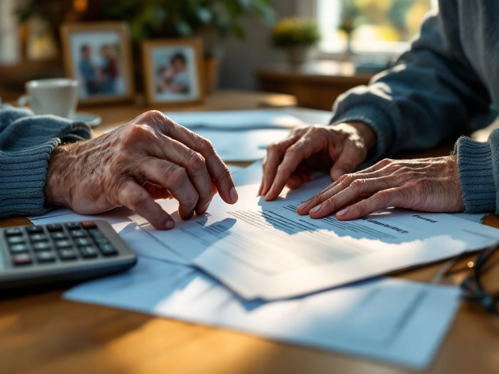 Oudere handen houden financiële documenten vast op houten bureau met calculator en leesbril in warme huiselijke sfeer