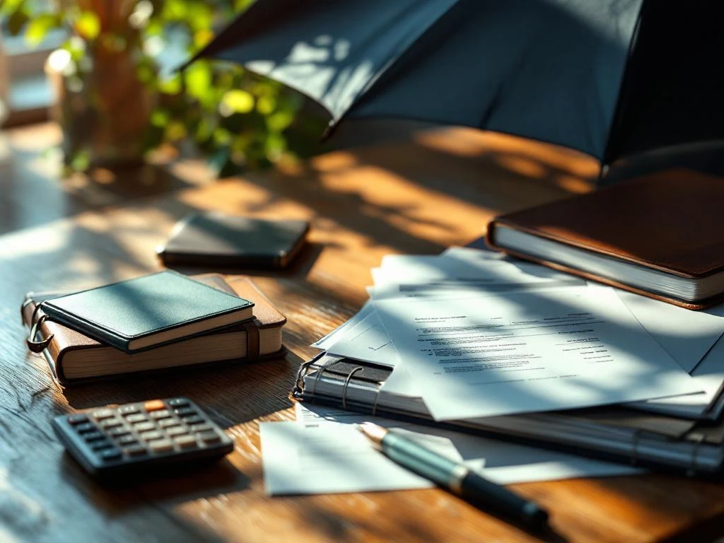 Houten bureau met financiële documenten, rekenmachine en paraplu die beschermende schaduw werpt over papieren