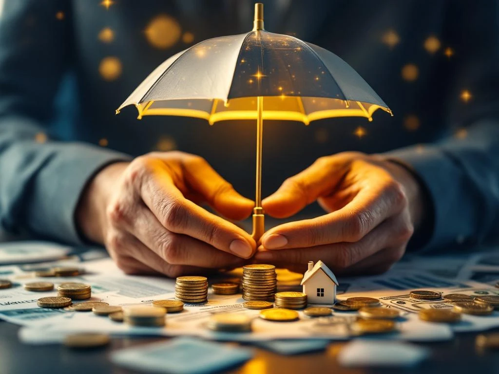 Verweerde handen houden paraplu boven miniatuur financiële documenten, munten en huismodel voor bescherming en stabiliteit