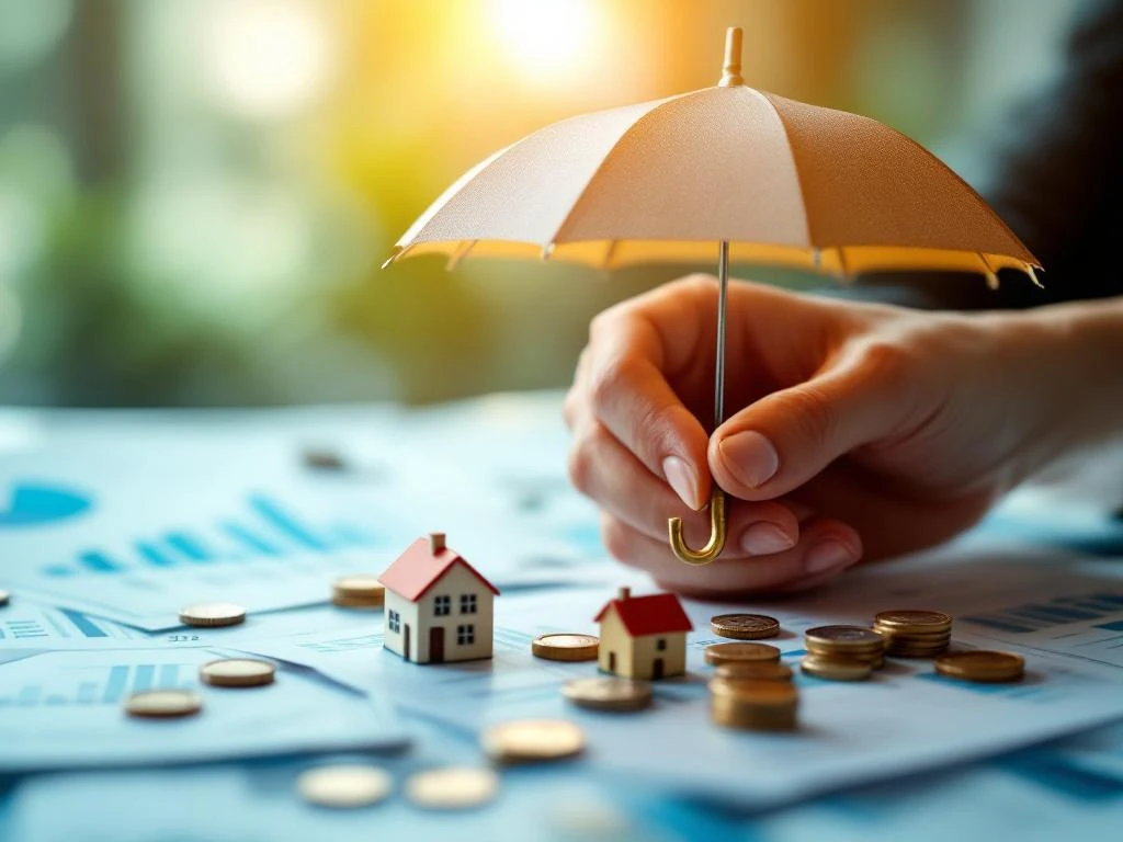 Handen houden beschermende paraplu boven miniatuurhuizen en munten op financiële documenten met grafieken