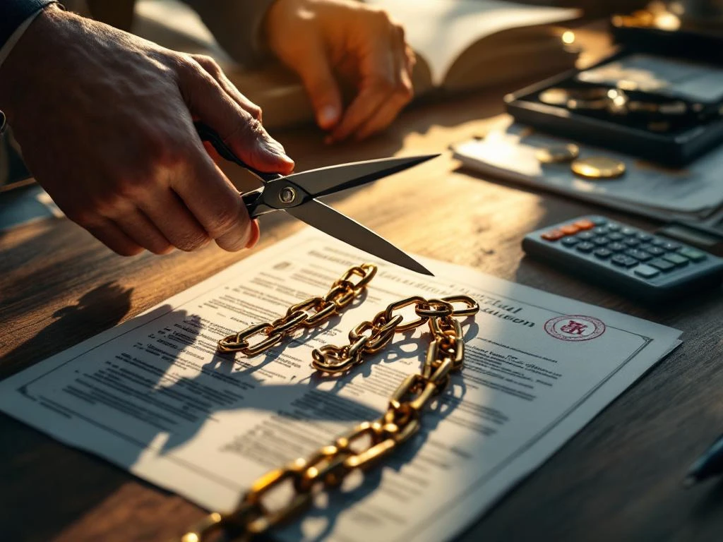 Handen knippen gouden kettingen door met schaar op Nederlandse juridische documenten, symboliseert bevrijding van schulden
