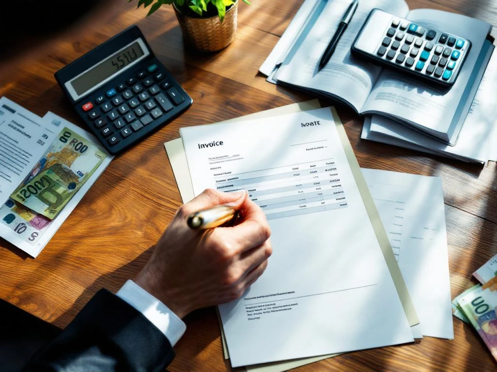Professionele hand wijst naar factuur op houten bureau met euro bankbiljetten en rekenmachine voor financiële analyse