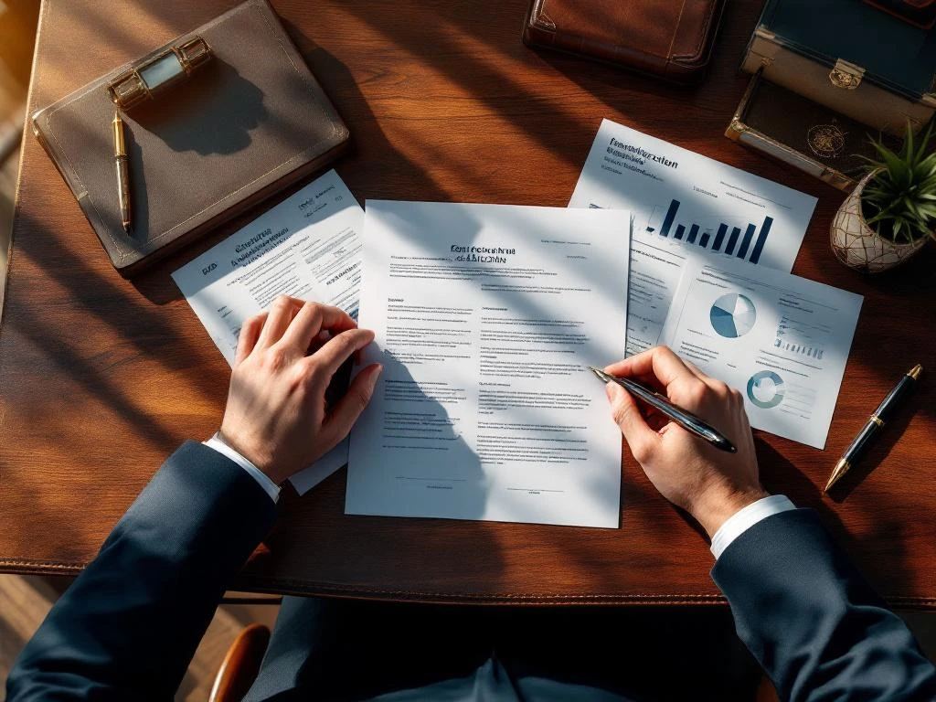 Zakelijke handen organiseren financiële documenten en contracten op mahonie bureau met officiële zegels en vulpen
