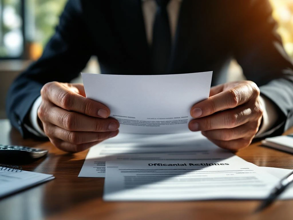 Bezorgde handen houden officiële documenten vast aan houten bureau met financiële papieren en calculator op kantoor