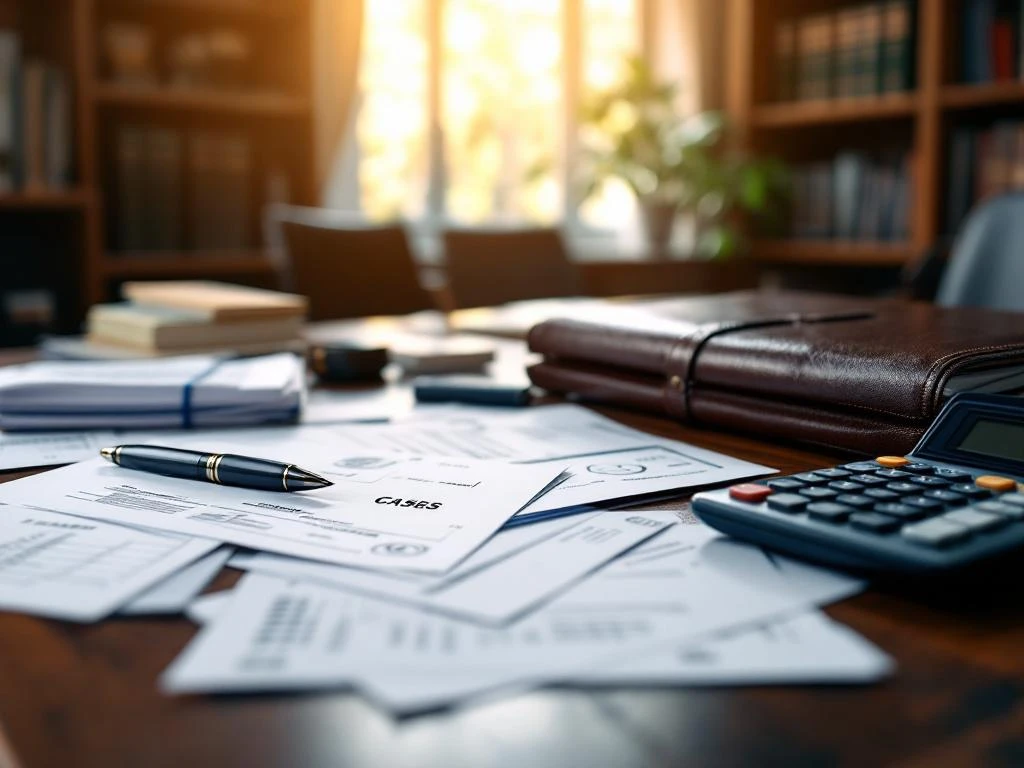 Professioneel houten bureau met financiële documenten, calculator, leren portfolio en pen in warm gouden licht
