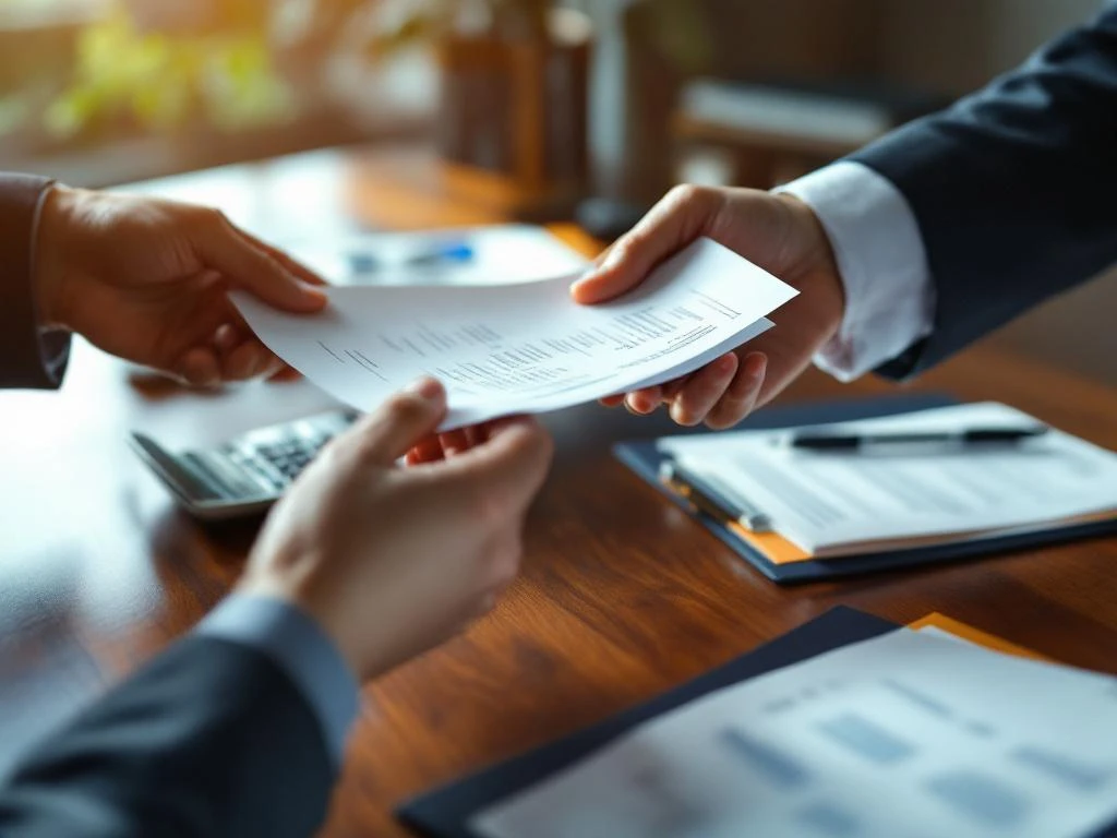 Twee professionele handen wisselen officiële documenten uit over een houten bureau met calculator en pennen op achtergrond