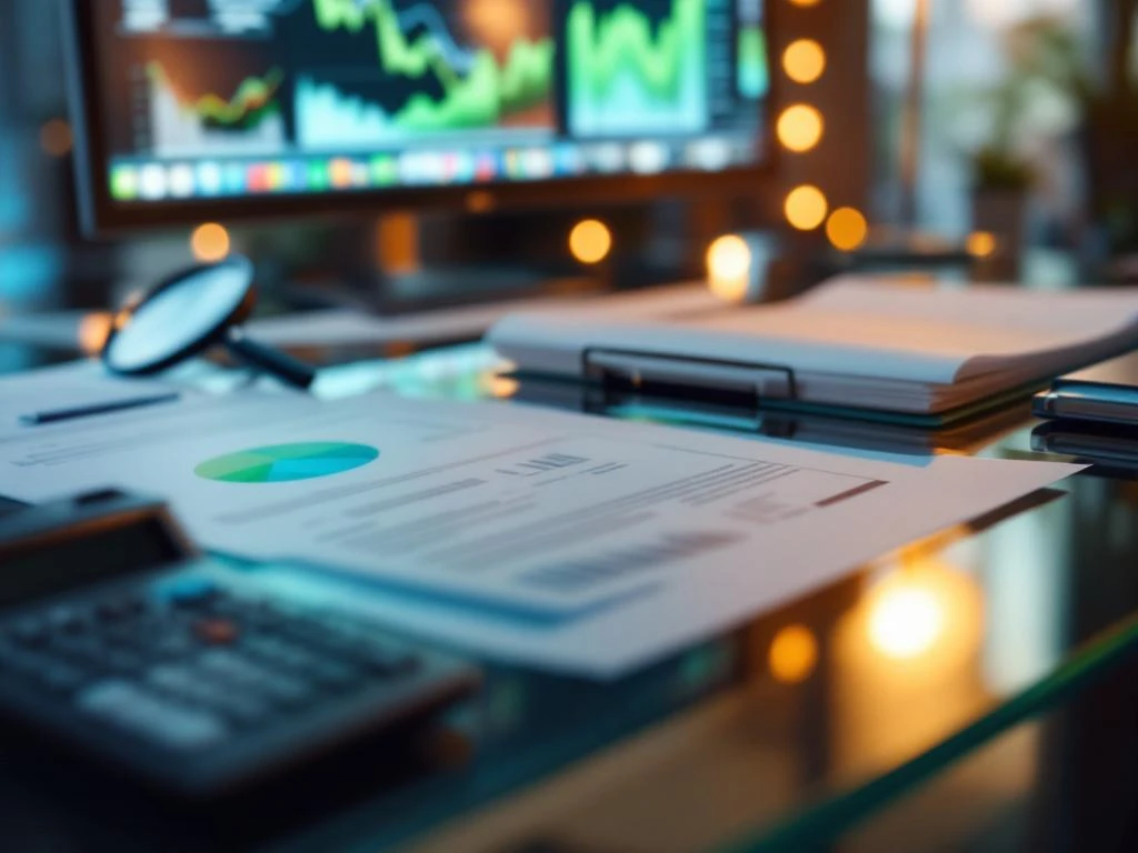 Moderne glazen bureau met georganiseerde financiële documenten, rekenmachine en vergrootglas voor financieel advies