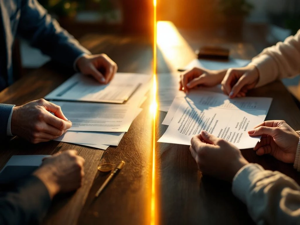 Gesplitst scherm toont individuele versus familie financiële planning met documenten, weegschaal en professionele verlichting