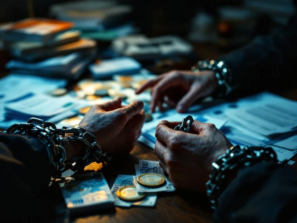 Handen in kettingen gegrepen rond financiële documenten en rekeningen op donker houten bureau, symboliseert schuldencrisis