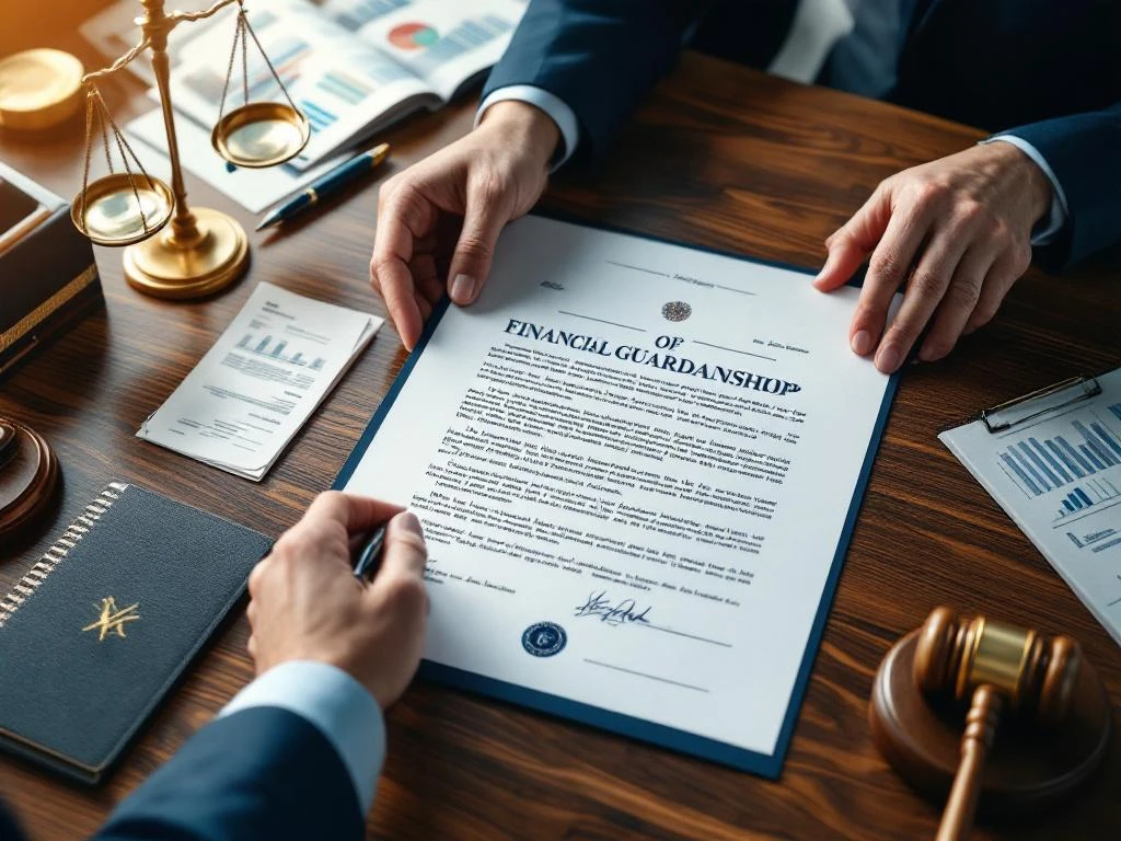 Handen houden officieel document met stempels op houten bureau naast weegschaal, hamer en financiële papieren