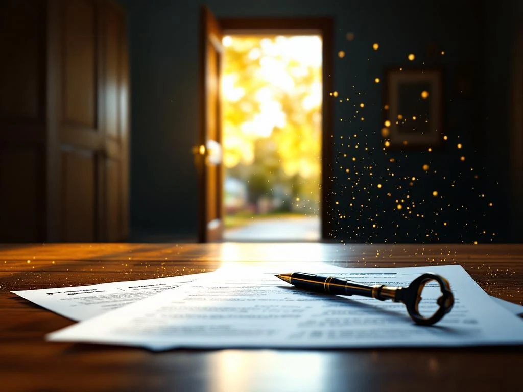 Open houten deur van donkere kamer naar zonnig pad, met officiële documenten, pen en sleutel op bureau